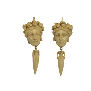 Antique Lava Cameos Gold Earrings