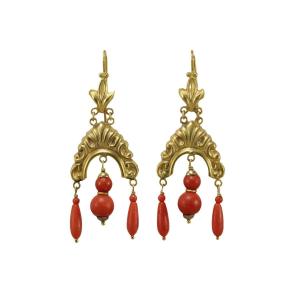 Boucles d'Oreilles Anciennes Or Corail