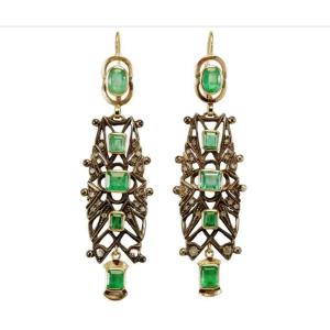 Antique Emeralds Diamonds Catalan Earrings