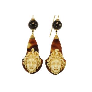 Antique Ivory Cameos Turtleshell Gold Earrings