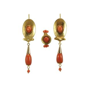 Antique Coral Gold Earrings Ring