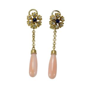 Boucles d'Oreilles Vintage Or Corail Diamants