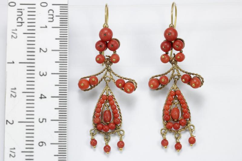 Antique Coral Torpedo Drop 9ct Gold Earrings | 980588 |  Sellingantiques.co.uk