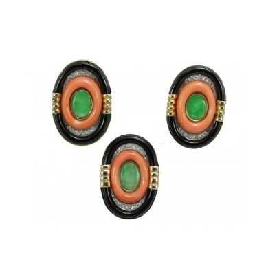 Boucles d'Oreilles Bague Vintage Or Jade Corail Onyx