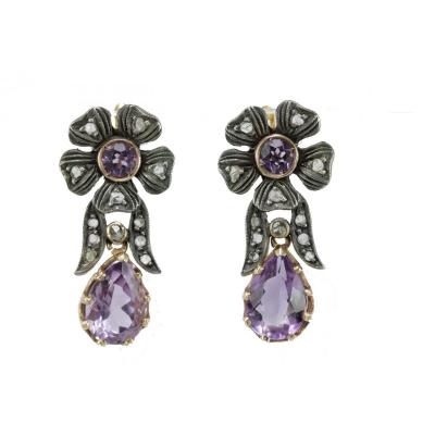 Boucles d'Oreilles Anciennes Or Amethyste Diamant