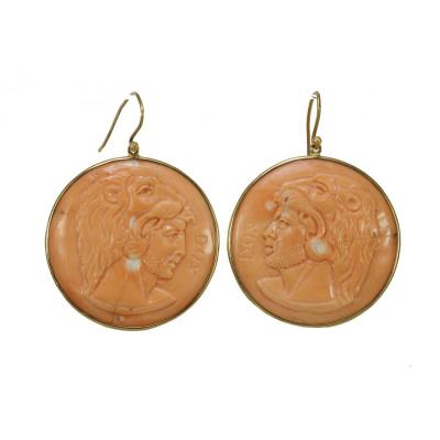 Vintage Coral Cameos  Gold Earrings