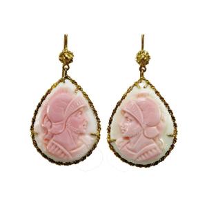 Antique Coral Gold Cameos Earrings