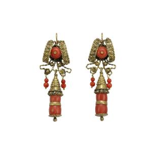 Boucles d'Oreilles Anciennes Or Corail  