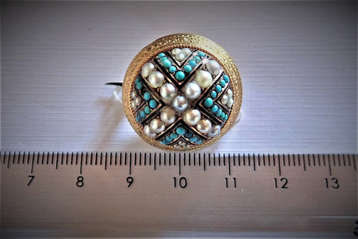 Vintage Gold Brooch Set With Pearls And Turquoises-photo-2