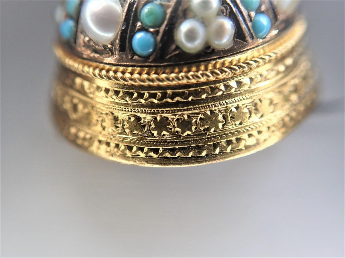 Vintage Gold Brooch Set With Pearls And Turquoises-photo-3