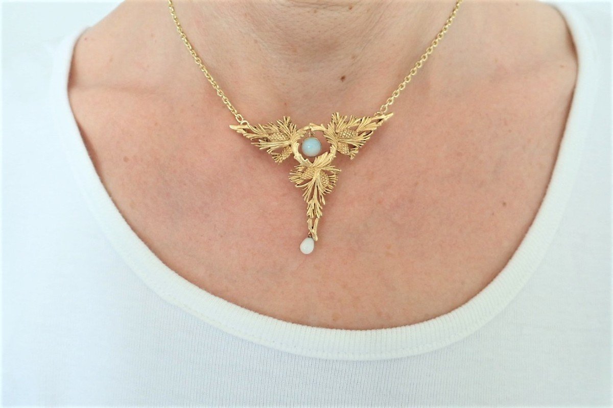 Art Deco Pendant With Its Opal Chain And 18 Carat Gold Pearls-photo-3