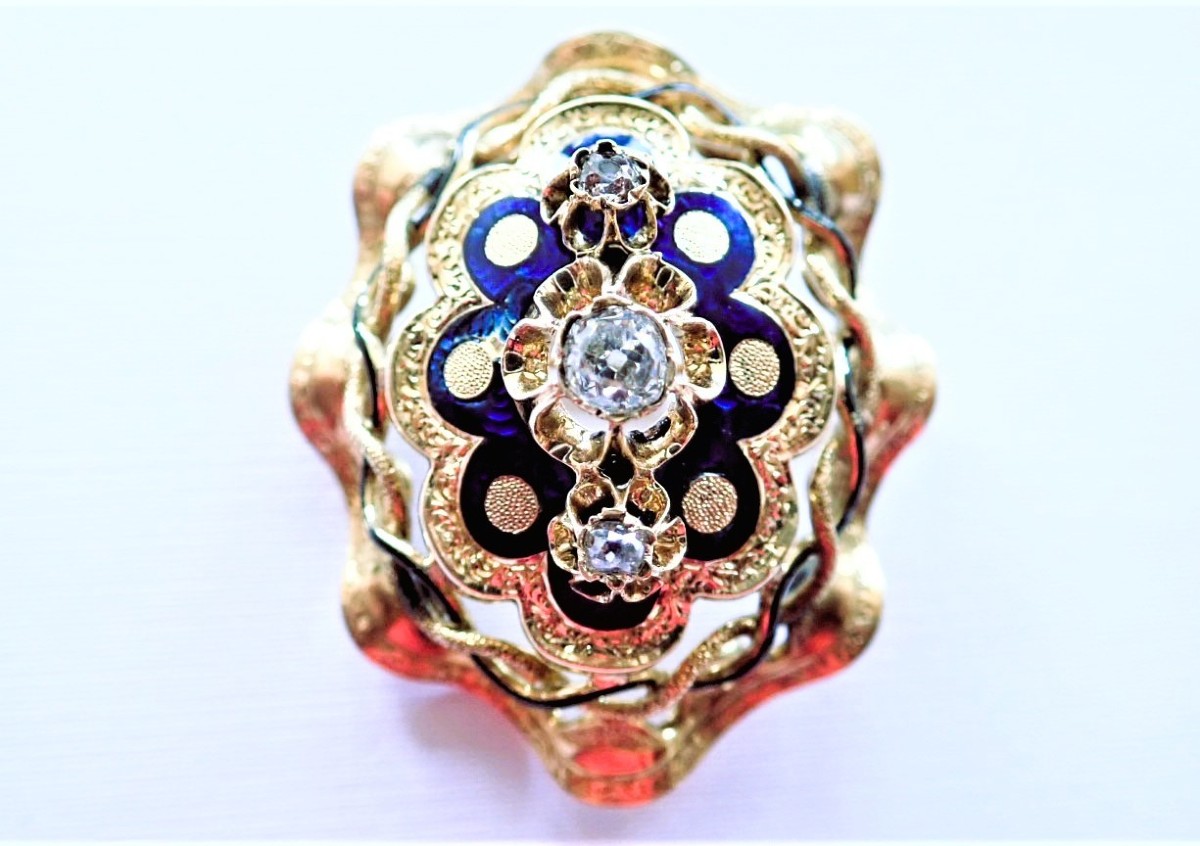 Brooch Circa 1900 Enamel And Diamonds 18 Carat Gold