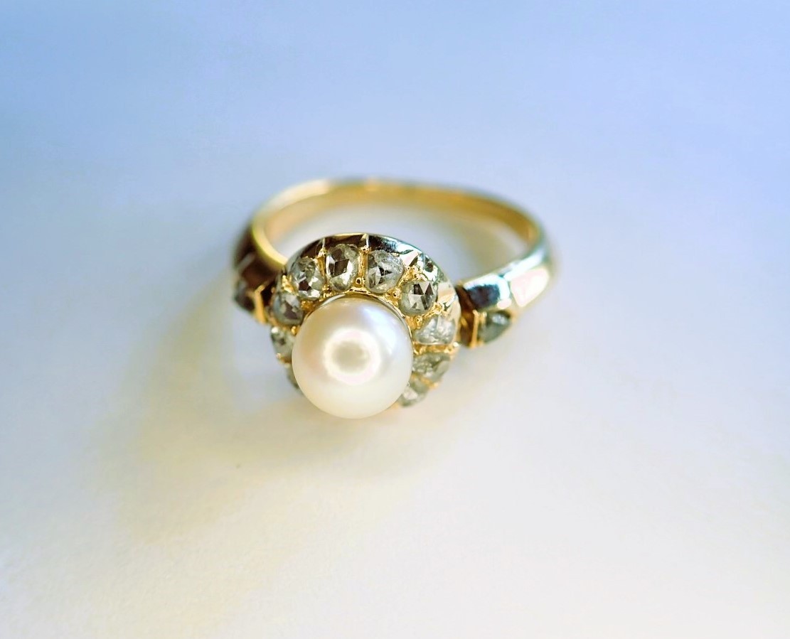 Bague  perle et diamants taille "rose"  fin 19ème  or 18 carats-photo-2