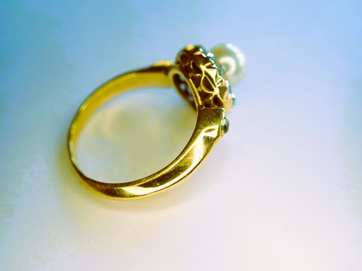 Bague  perle et diamants taille "rose"  fin 19ème  or 18 carats-photo-3
