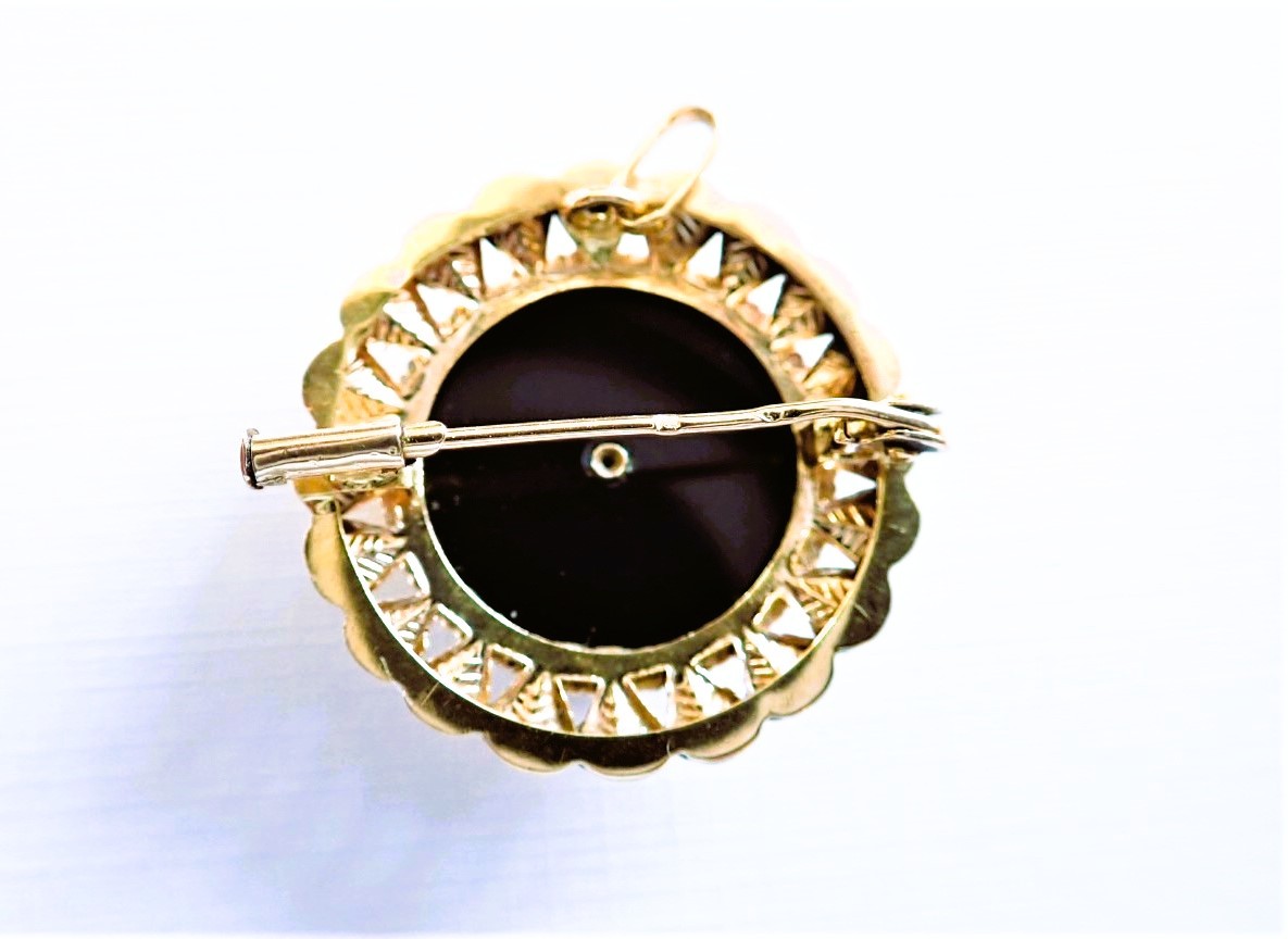 18k Gold Onyx Pendant And Brooch With Small Pearl-photo-2