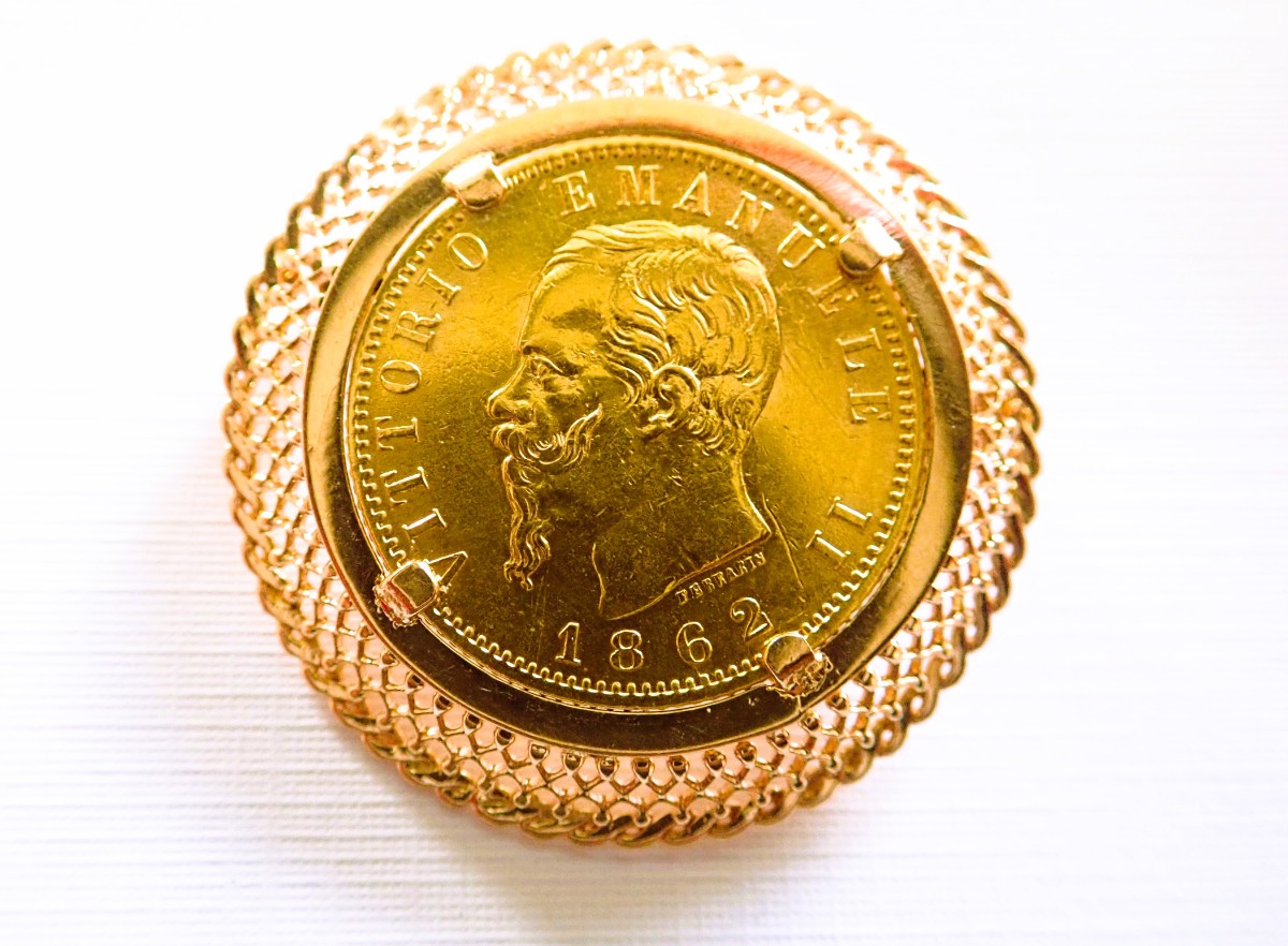 Pendentif et broche pièce de 20 lires Victor Emmanuel II