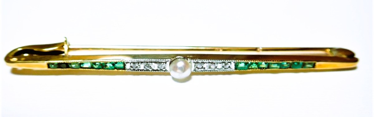 Broche diamants et émeraudes art déco or 18 carats