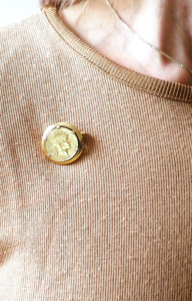 Broche or 18 carats 20 francs coq Marianne-photo-2