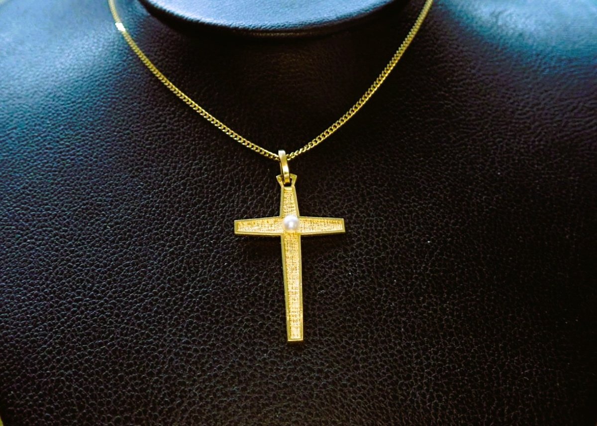 18-karat Gold Cross Pendant With A Pearl-photo-2
