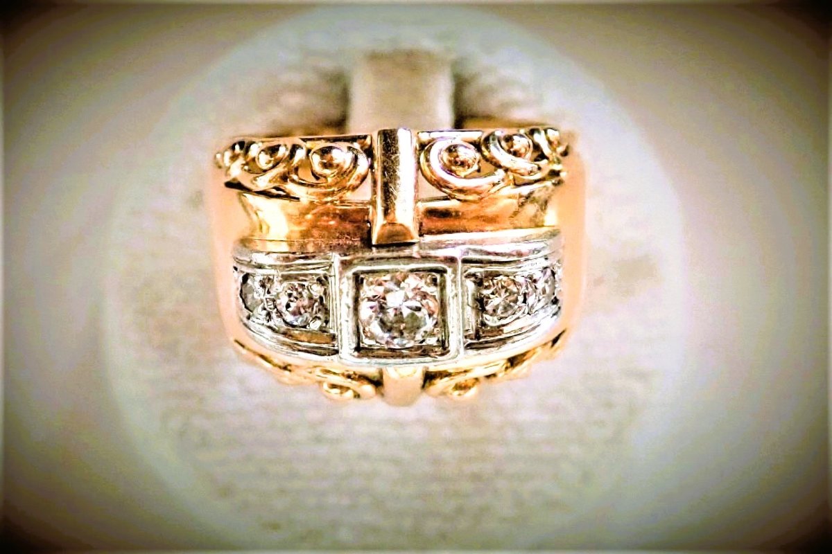 Bague Art Déco diamants or rose et or blanc 18 carats-photo-2