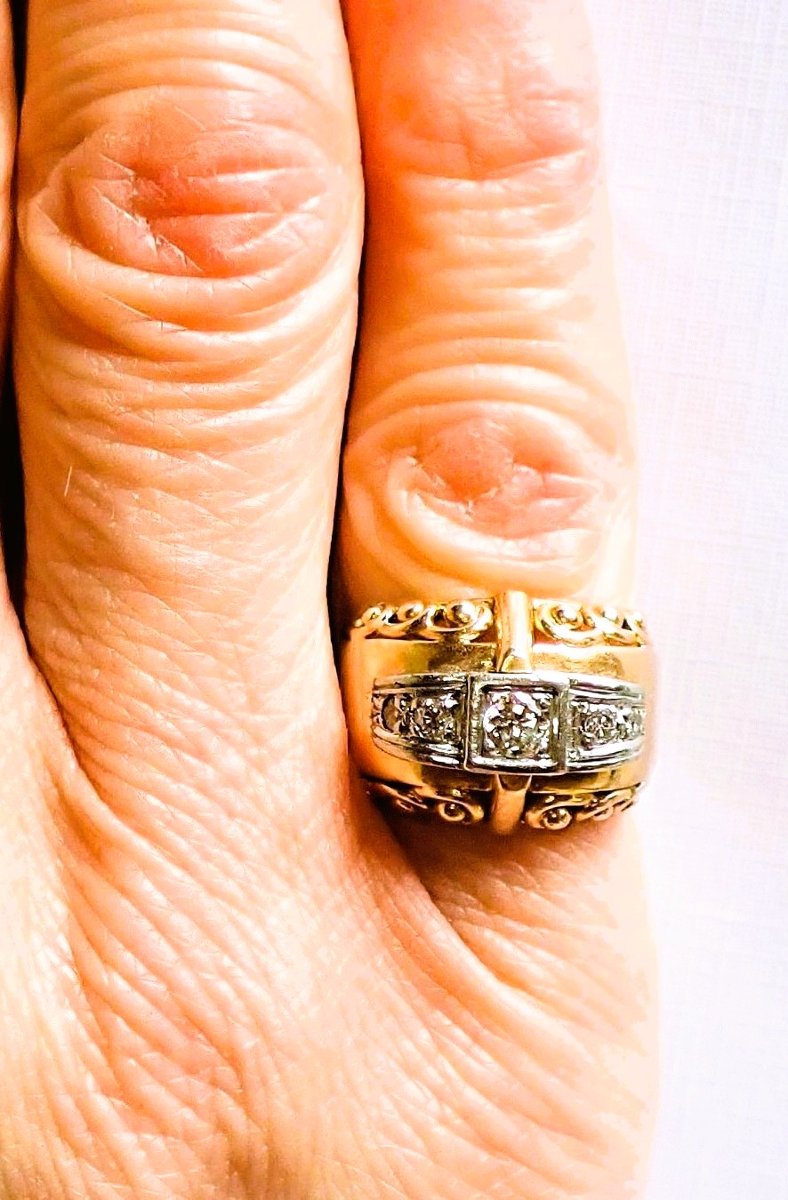 Bague Art Déco diamants or rose et or blanc 18 carats-photo-4
