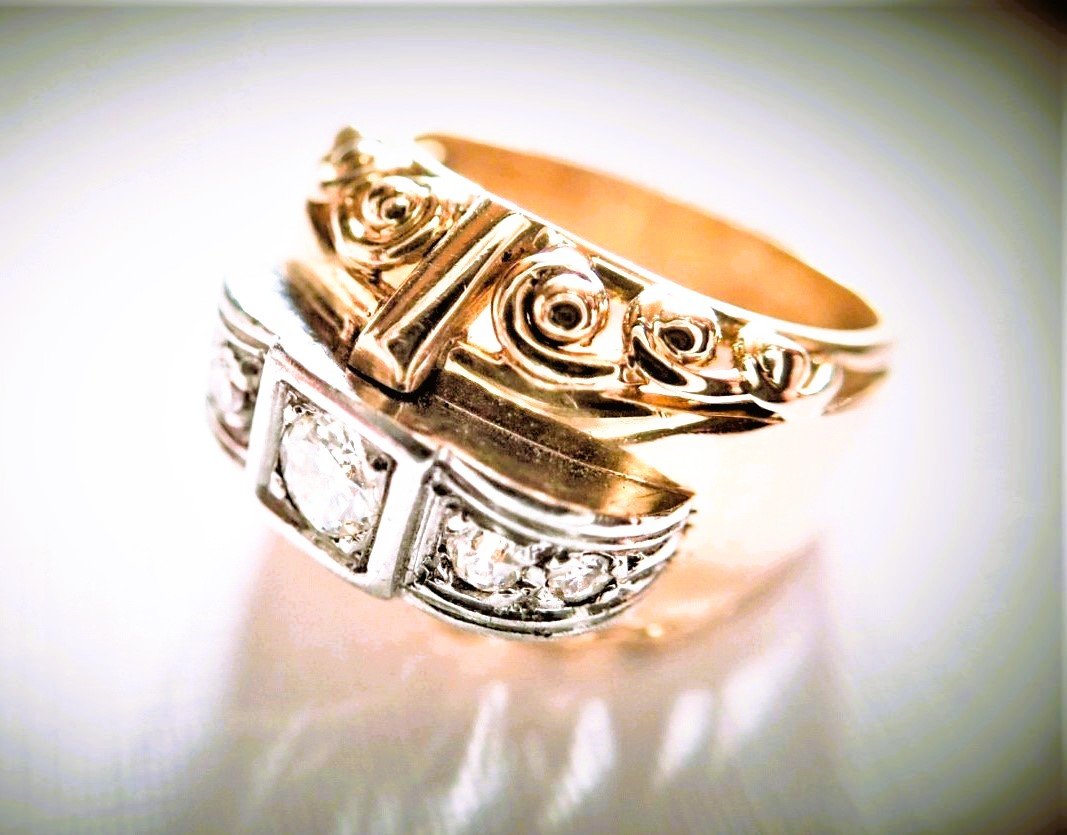 Bague Art Déco diamants or rose et or blanc 18 carats