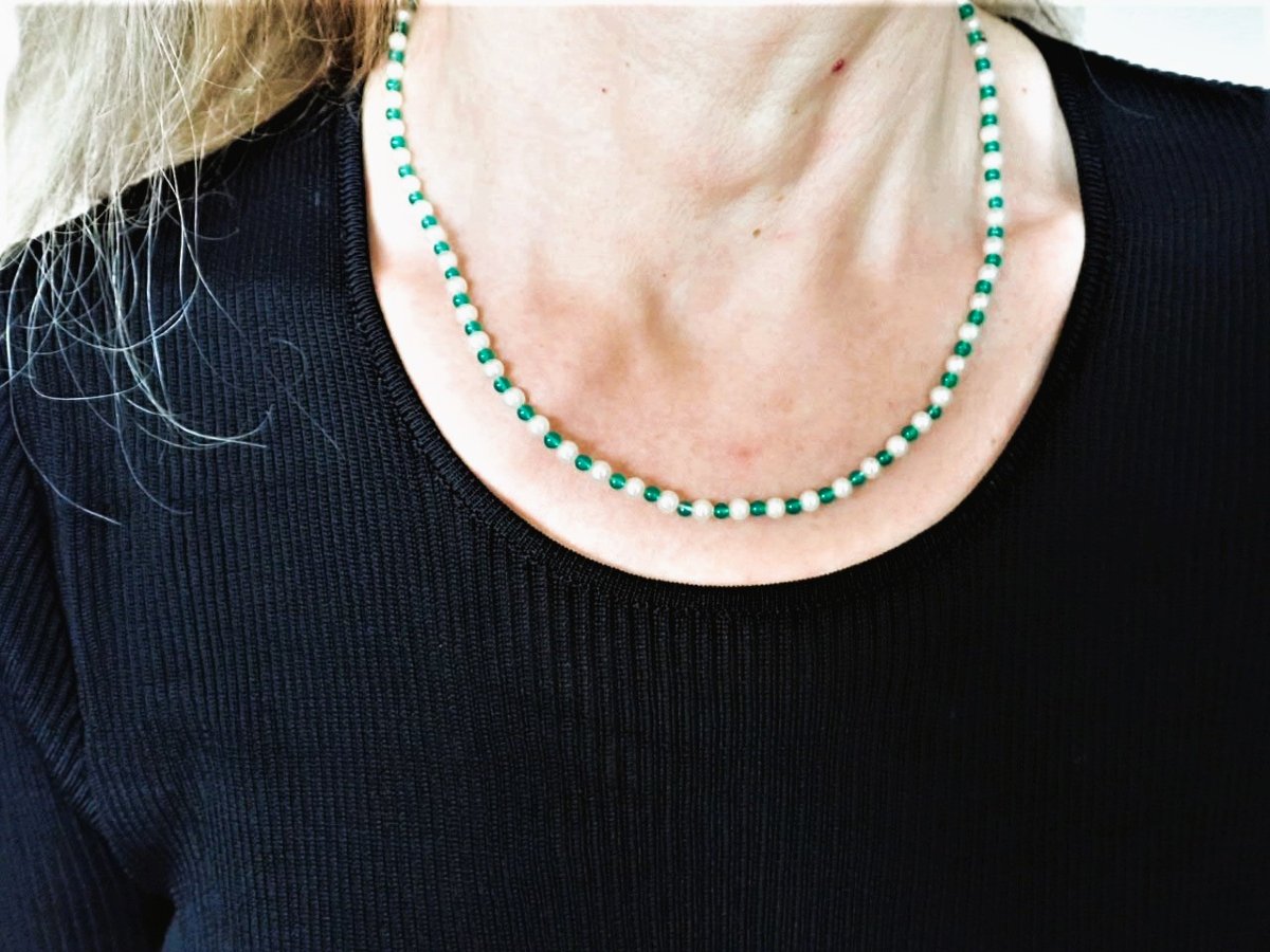 Collier perles de culture et agates fermoir or 18 carats-photo-2