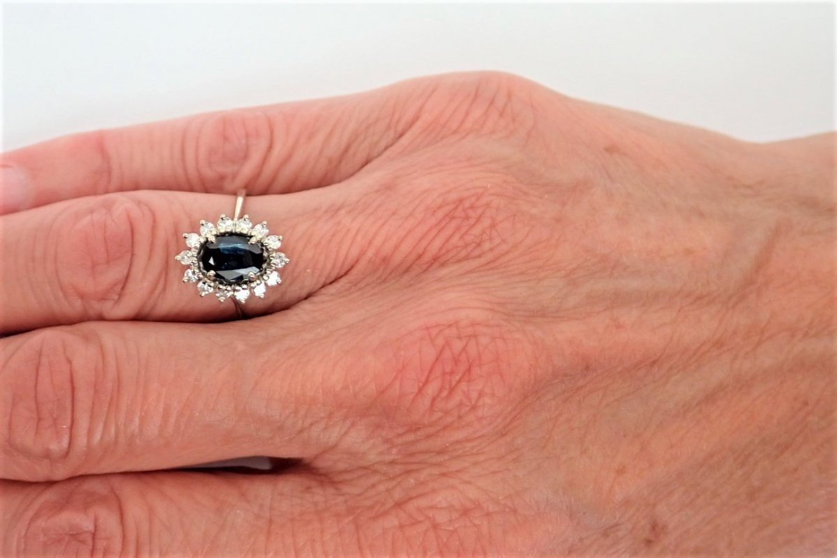 Bague Marguerite Diamants Saphir Or Blanc 18 Carats-photo-3
