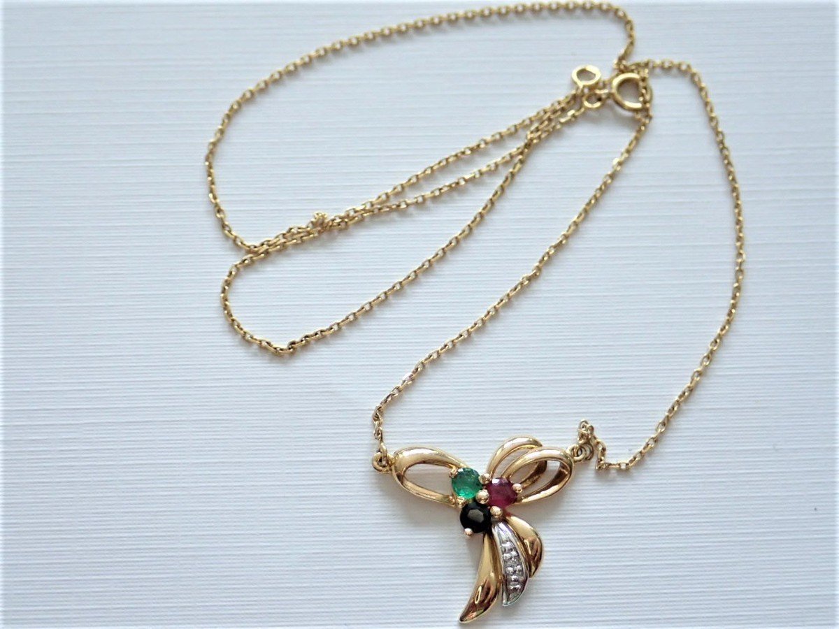 Collier Diamant Rubis Saphir émeraude Or 18 Carats  -photo-2