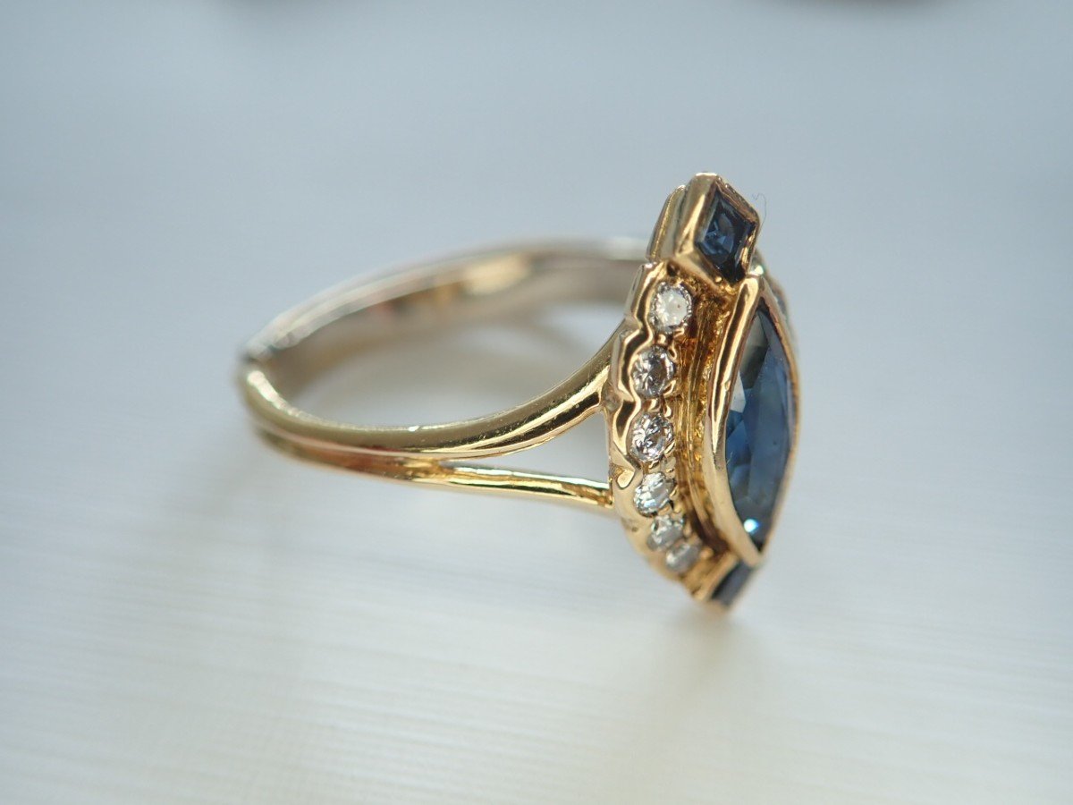 Vintage Bague Marquise Diamants Et Saphirs-photo-3