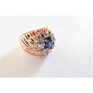 Chevaliere Art Deco Ring Diamonds And Sapphire 18 Carat Gold