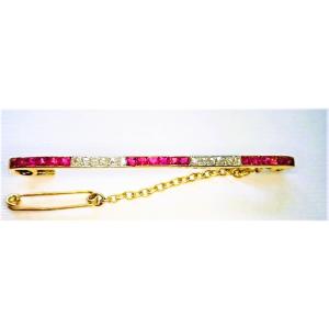 Art déco broche or 18 carats sertie de diamants et rubis