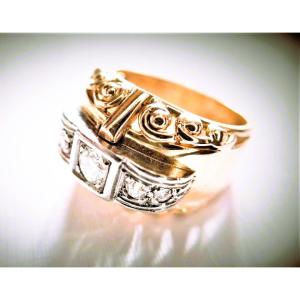 Bague Art Déco diamants or rose et or blanc 18 carats