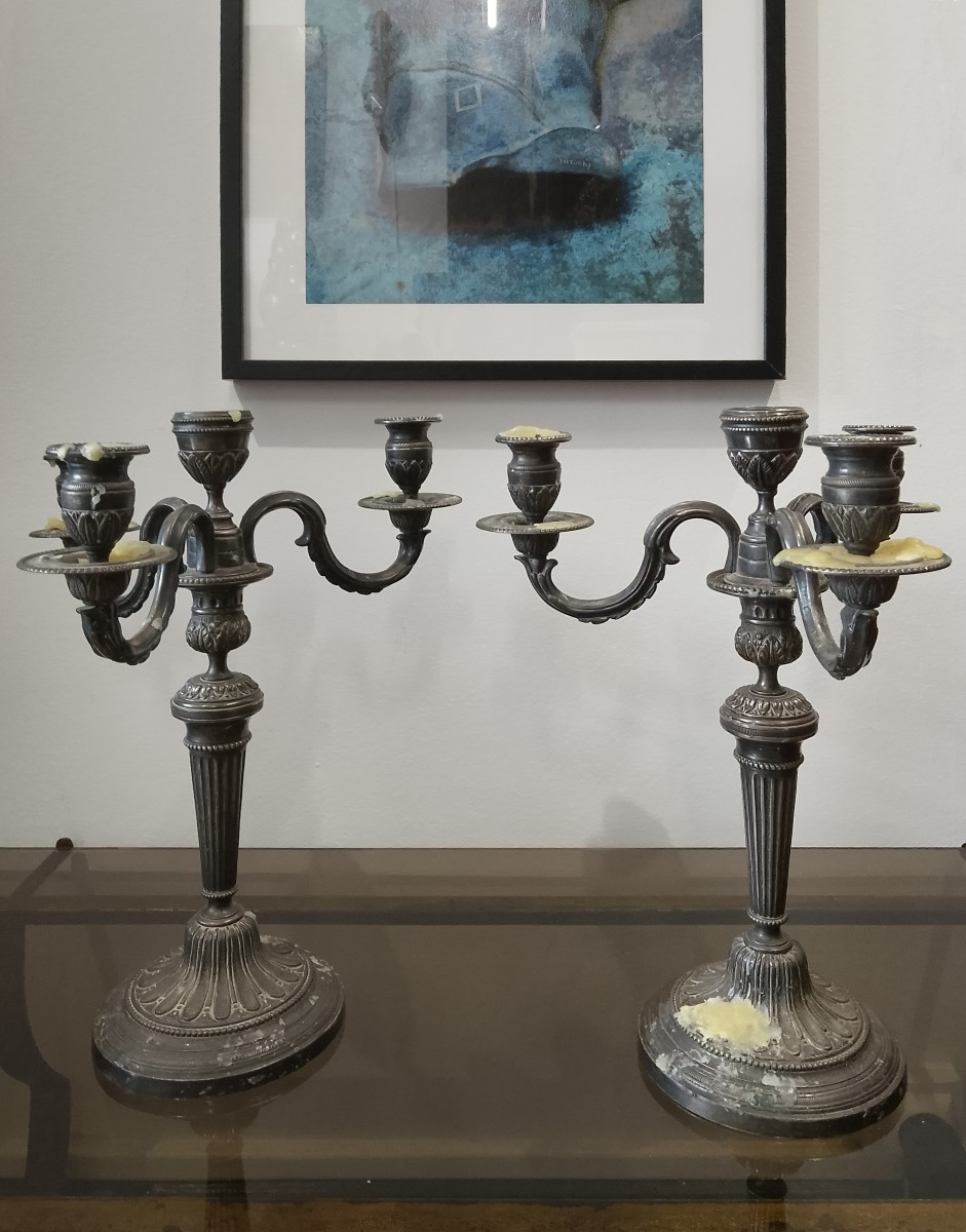 Paire de candélabres en bronze argenté.