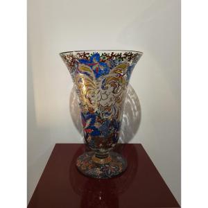Large Enameled Glass Vase.