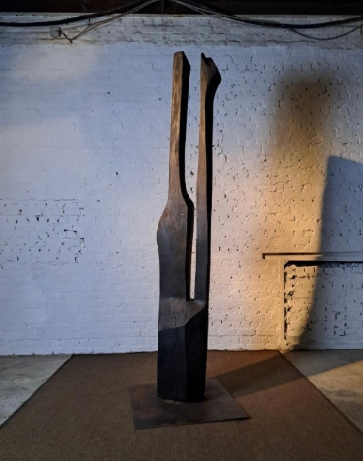 Abstract Sculpture In Burnt Chestnut Wood By The Belgian Sculptor Roland Lavianne (1948-2022)