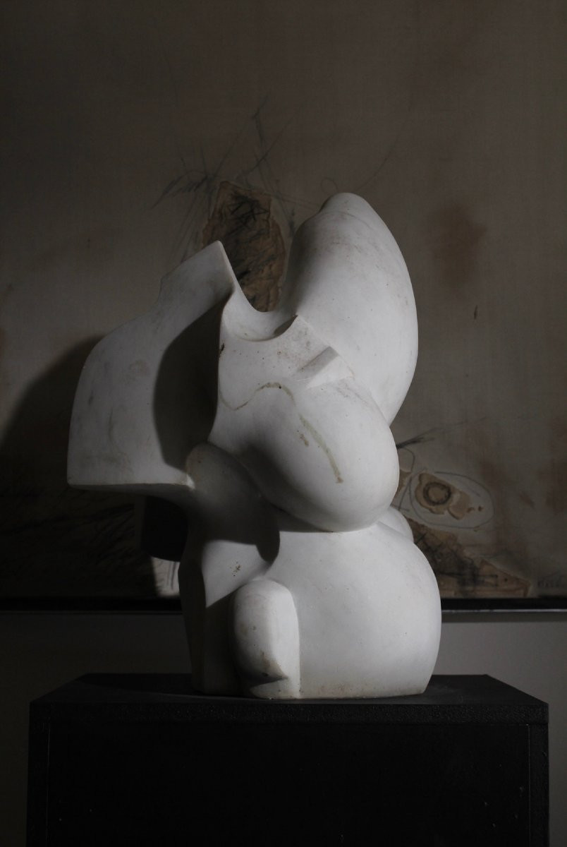 White Carrara Marble Sculpture By Belgian Sculptor Pol Spilliaert (1935-2023)-photo-4