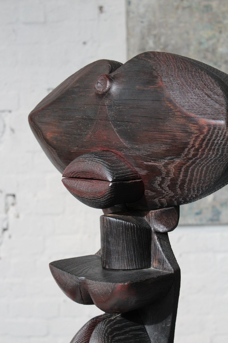 Burnt Wood Totem Sculpture By Belgian Sculptor Jacky De Mayer-photo-3