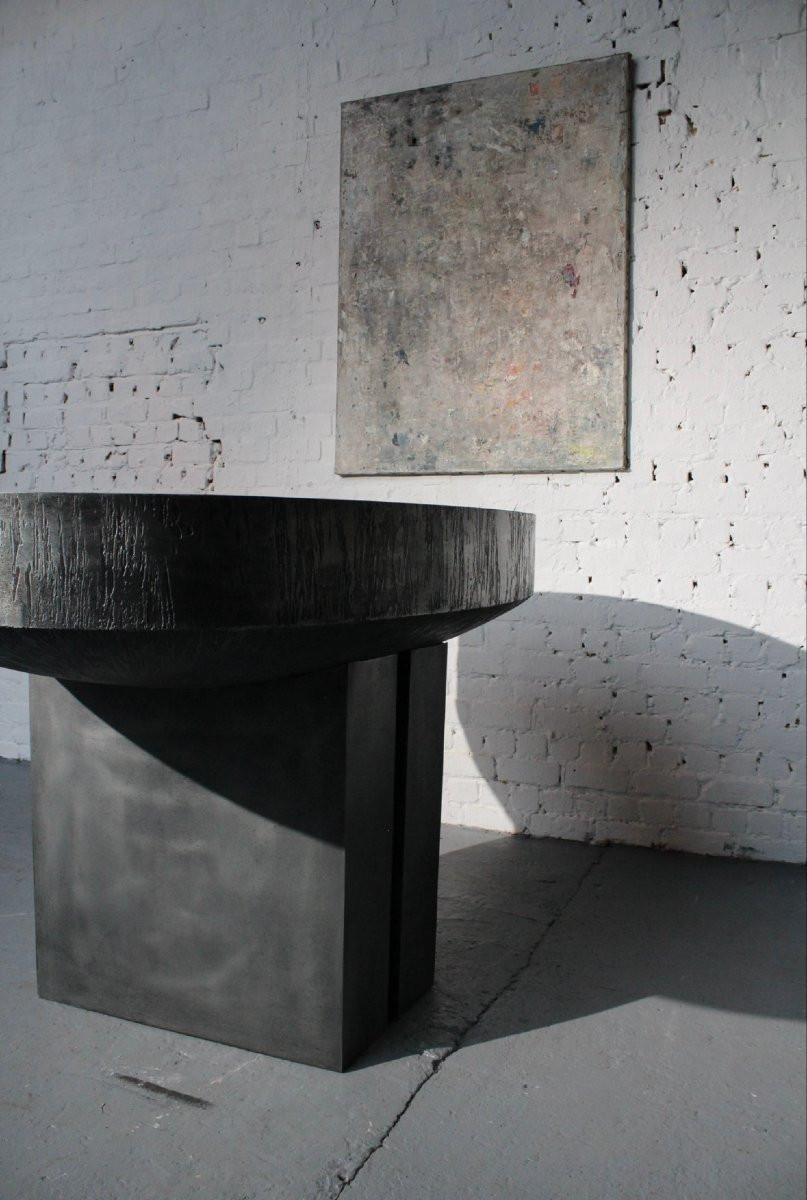 Console Table By Belgian Sculptor Roger Bonduel (1930-2019) In Acid-etched Steel And Patina-photo-3