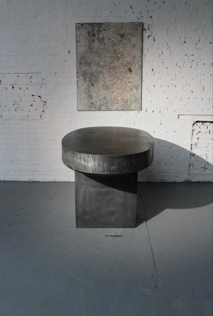 Console Table By Belgian Sculptor Roger Bonduel (1930-2019) In Acid-etched Steel And Patina-photo-4
