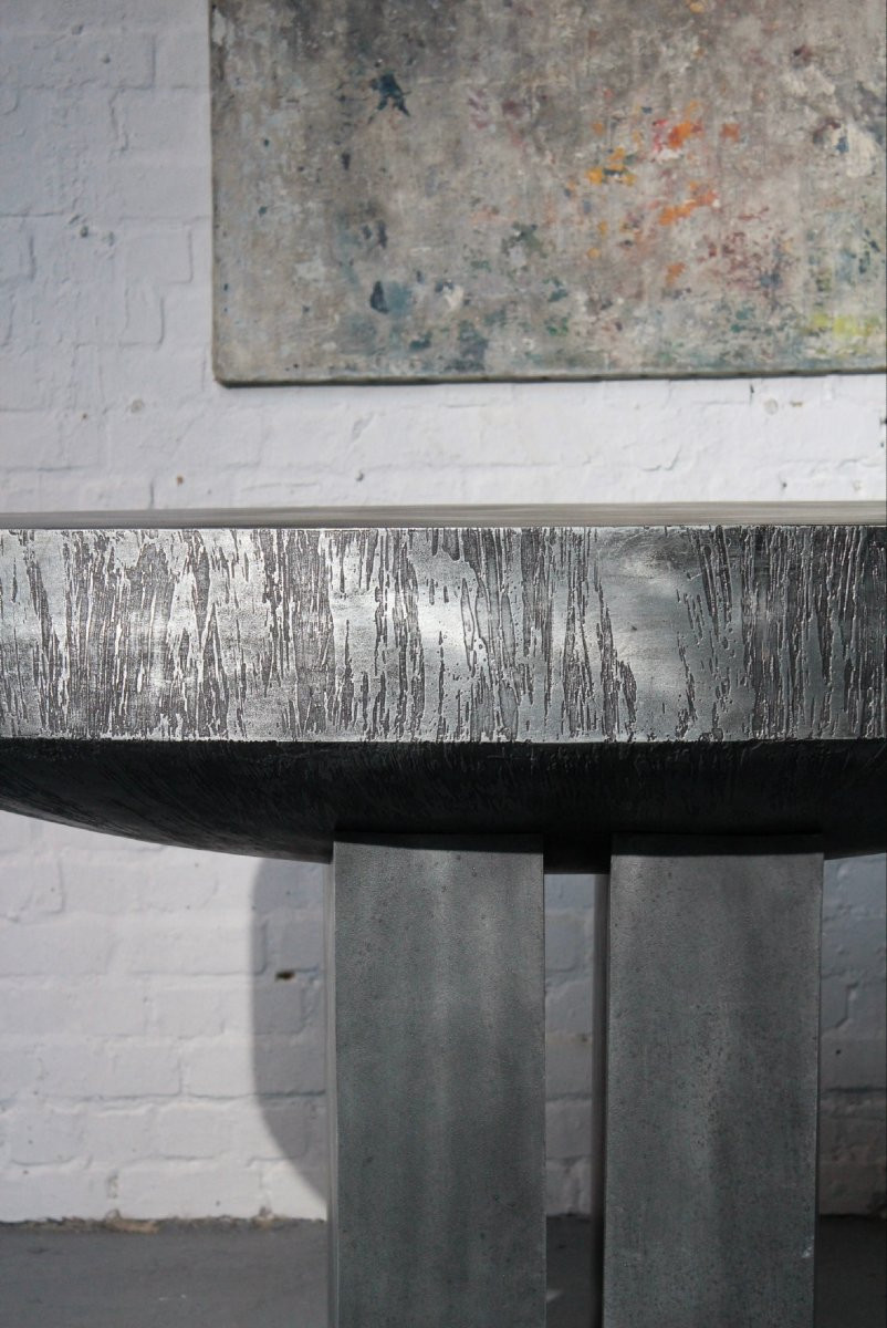 Console Table By Belgian Sculptor Roger Bonduel (1930-2019) In Acid-etched Steel And Patina-photo-1