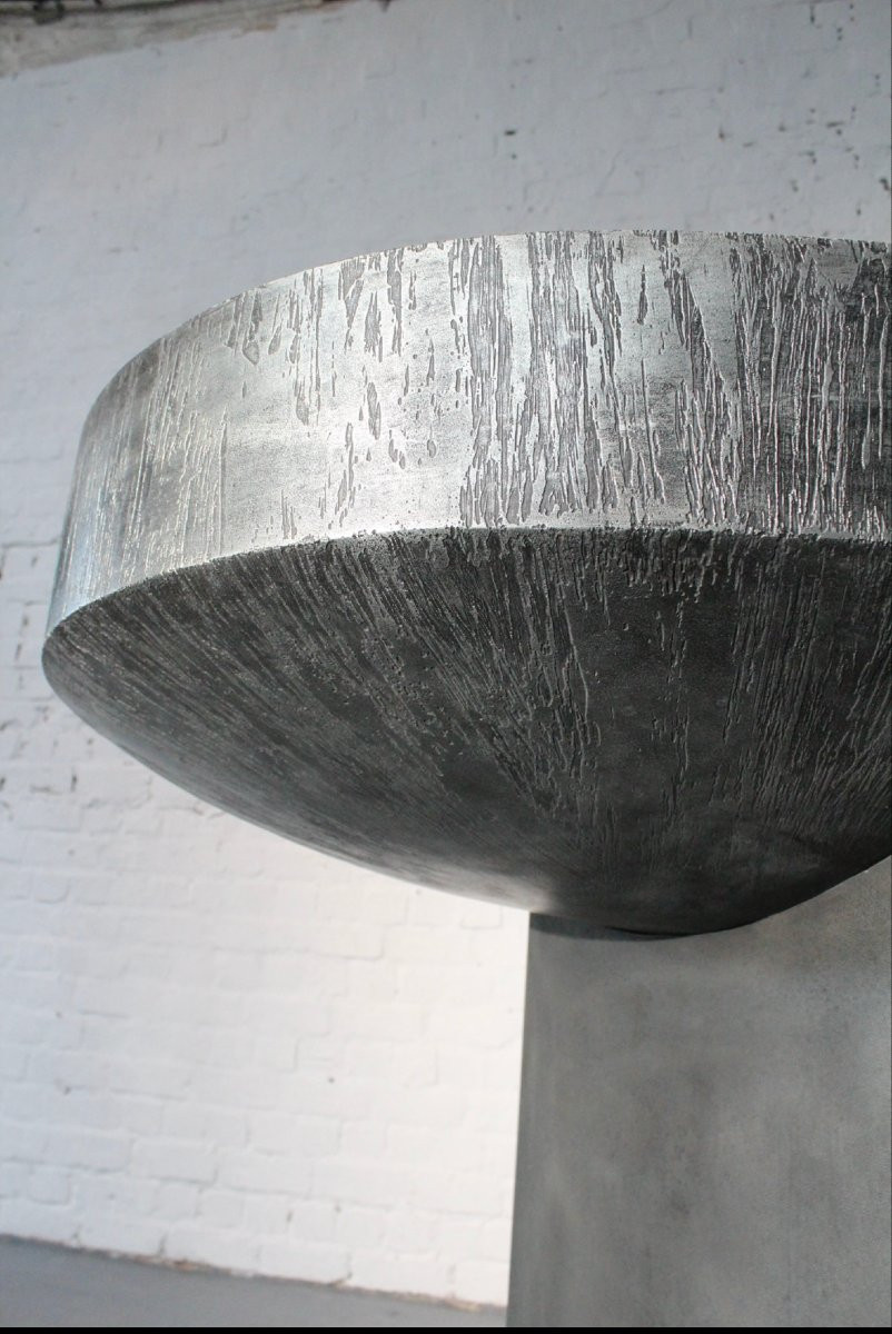 Console Table By Belgian Sculptor Roger Bonduel (1930-2019) In Acid-etched Steel And Patina-photo-7