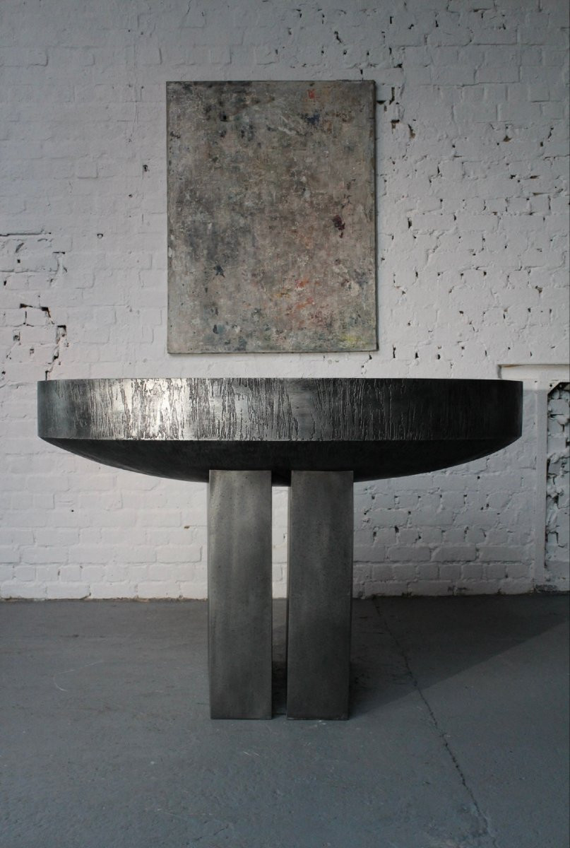 Console Table By Belgian Sculptor Roger Bonduel (1930-2019) In Acid-etched Steel And Patina-photo-8