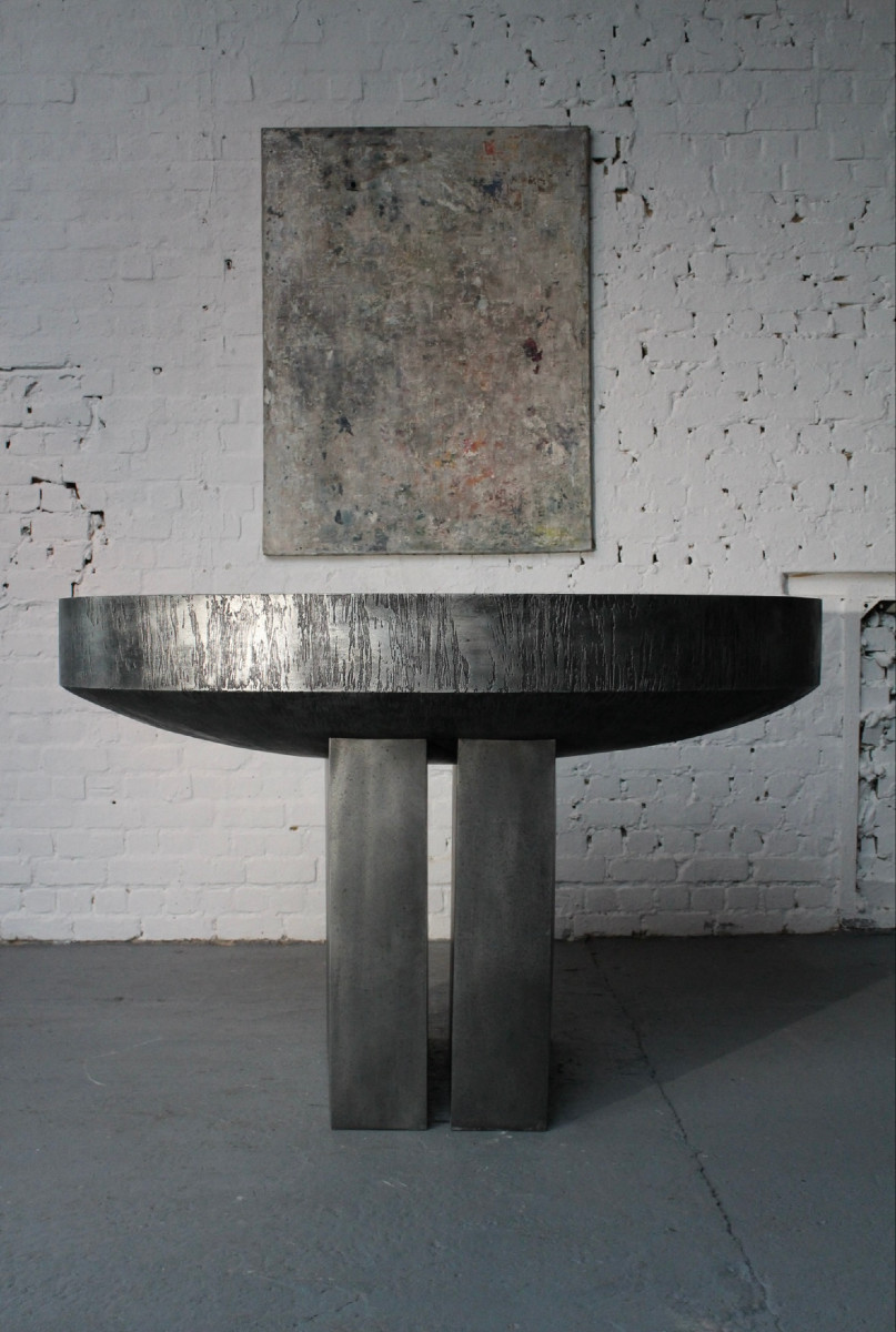 Console Table By Belgian Sculptor Roger Bonduel (1930-2019) In Acid-etched Steel And Patina