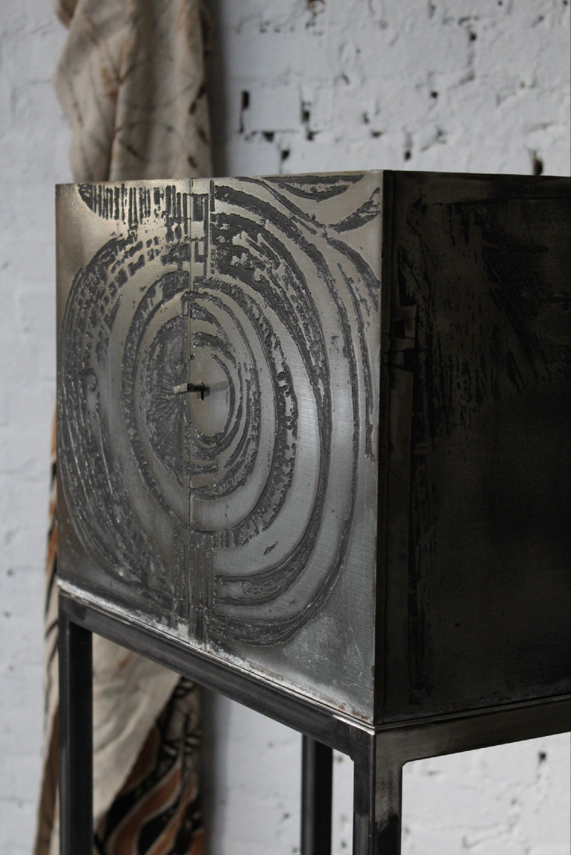 Cabinet Bar By The Belgian Sculptor Roger Bonduel (1930-2019) In Acid-etched And Patinated Steel-photo-4