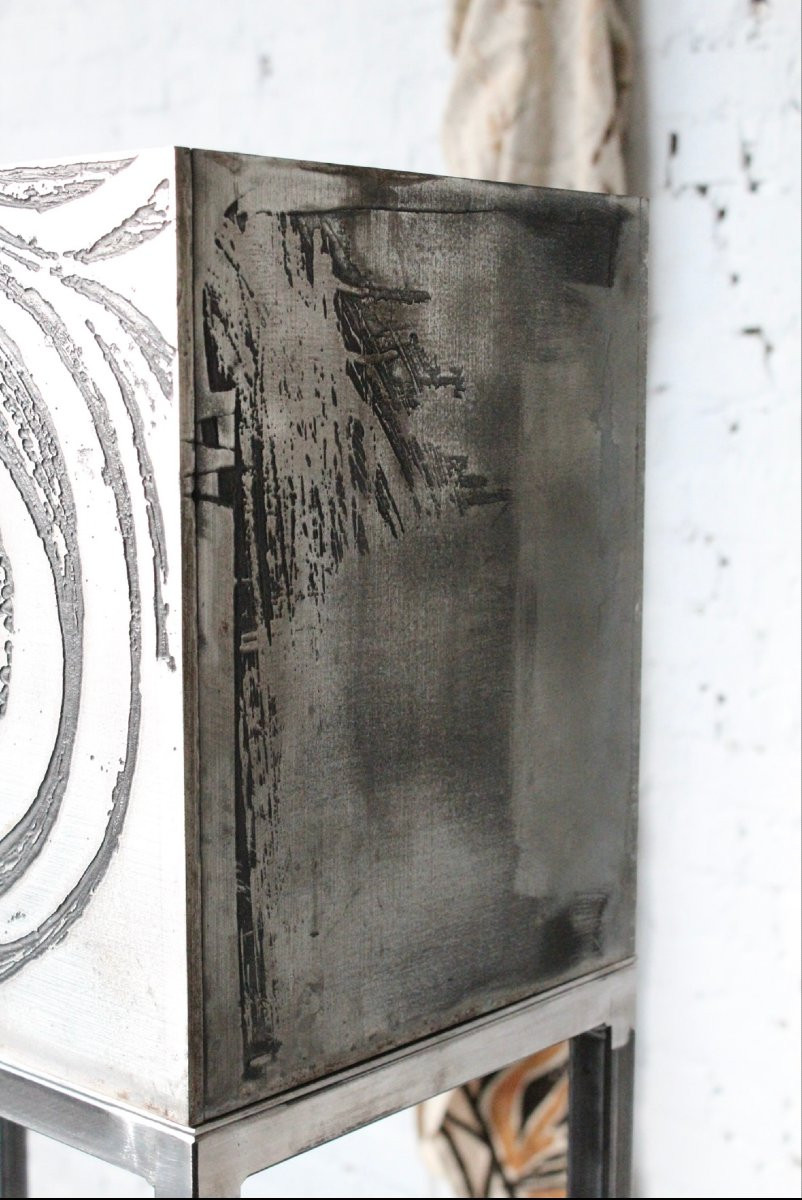 Cabinet Bar By The Belgian Sculptor Roger Bonduel (1930-2019) In Acid-etched And Patinated Steel-photo-3