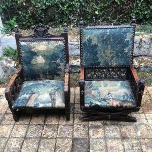 deux fauteuils du 19eme siècle, en chêne, de style neo-renaissance , prix pour la paire