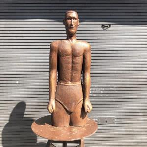 Anonymous Wooden Sculpture Of A Swimmer In A Swimsuit. Brown-gold Patina, Circa 1970