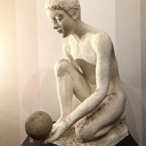 Academic Life-size Plaster Sculpture Of A Kneeling Boy With Outstretched Hand