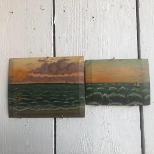 Two Small Naive Paintings From The Beginning Of The 20th Century Representing A Sunset